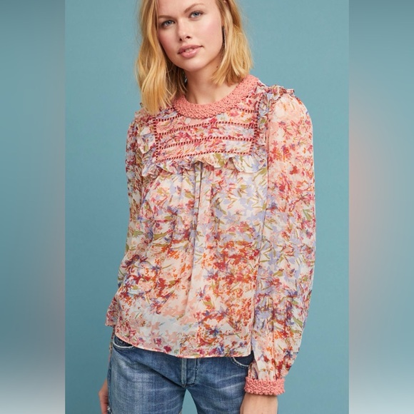 Anthropologie Tops - Anthropologie Ranna Gill Pink Floral Belle Blouse Size Small